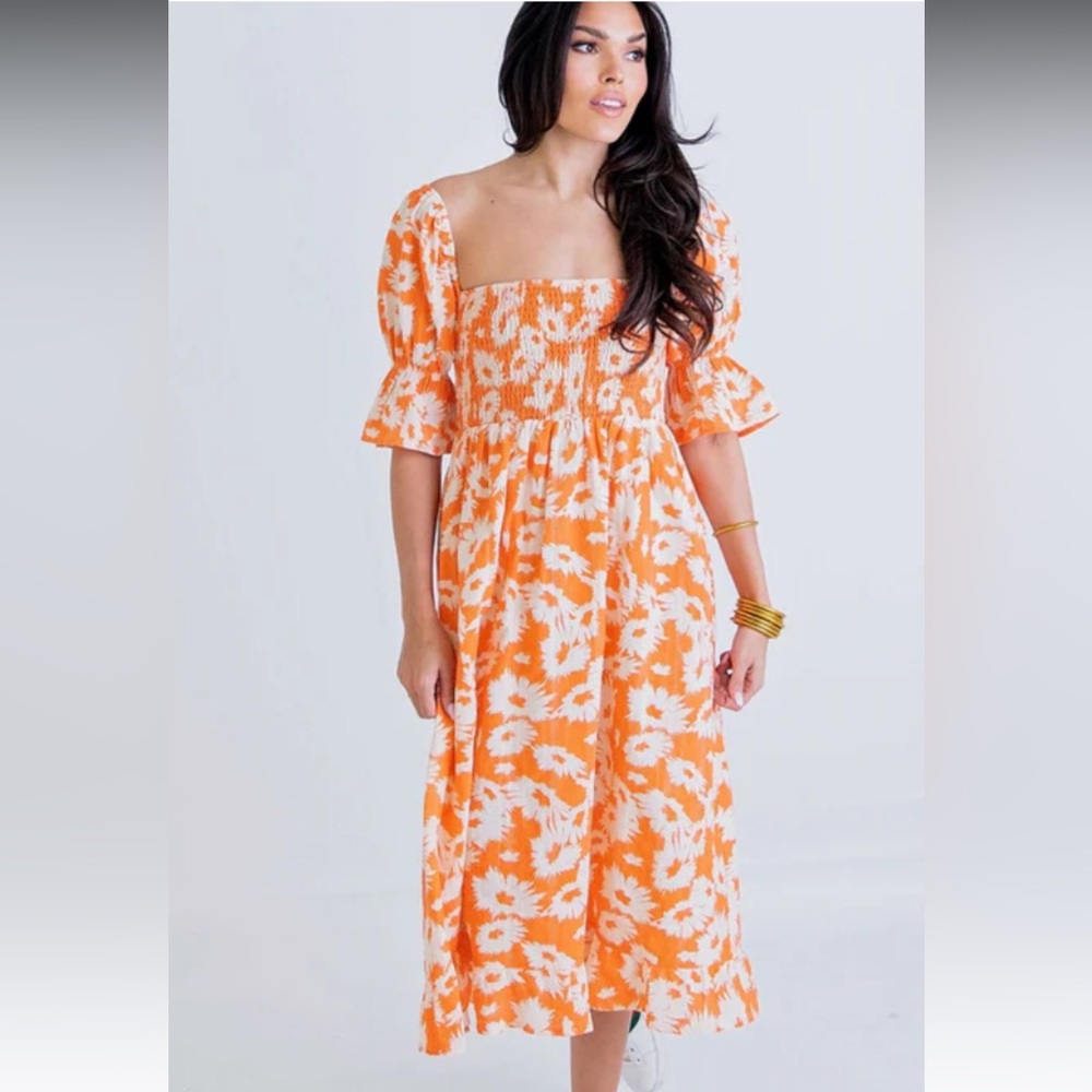 Karlie Orange Puff Sleeve Sundress